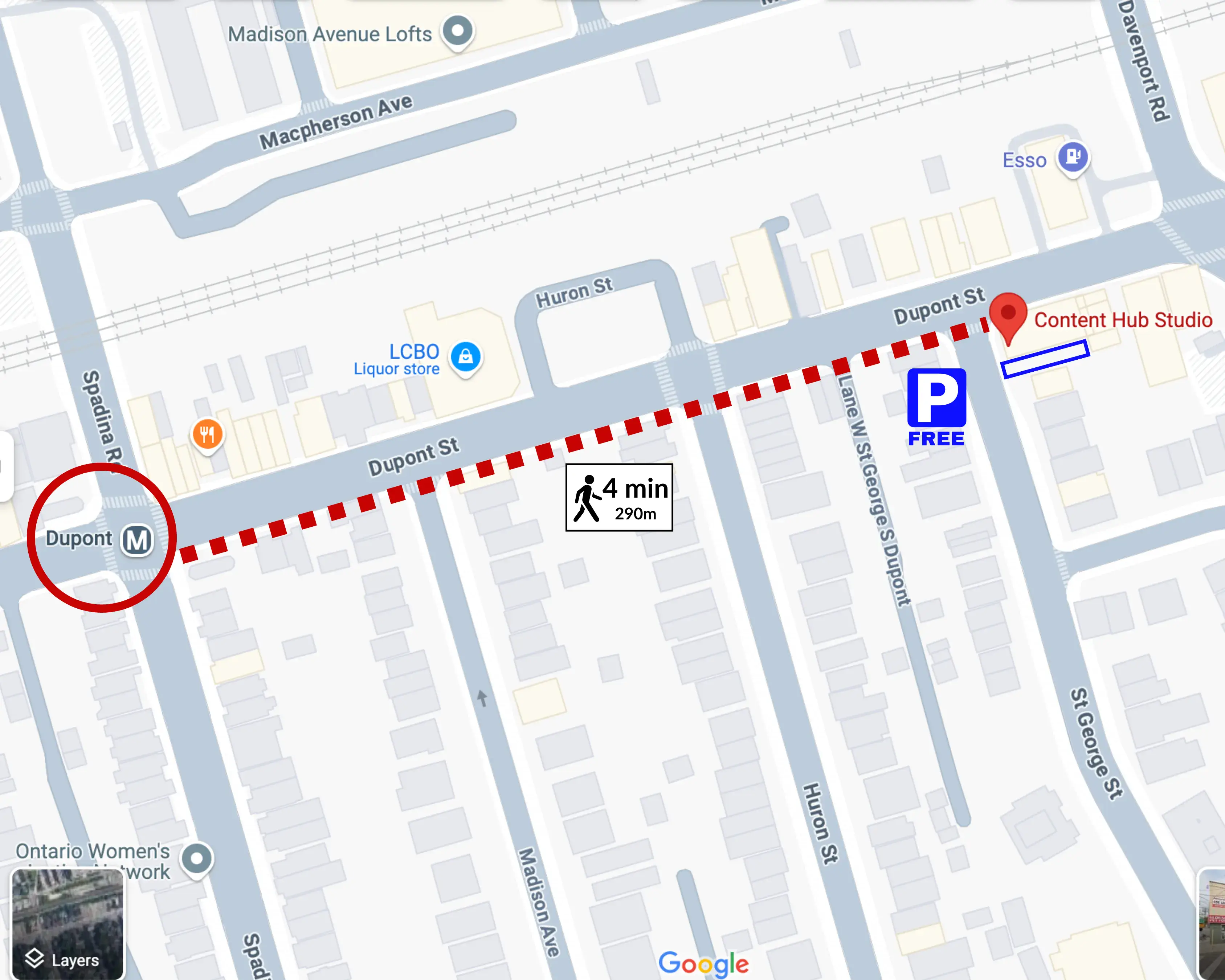 Map from Dupont Station to Content Hub Studio