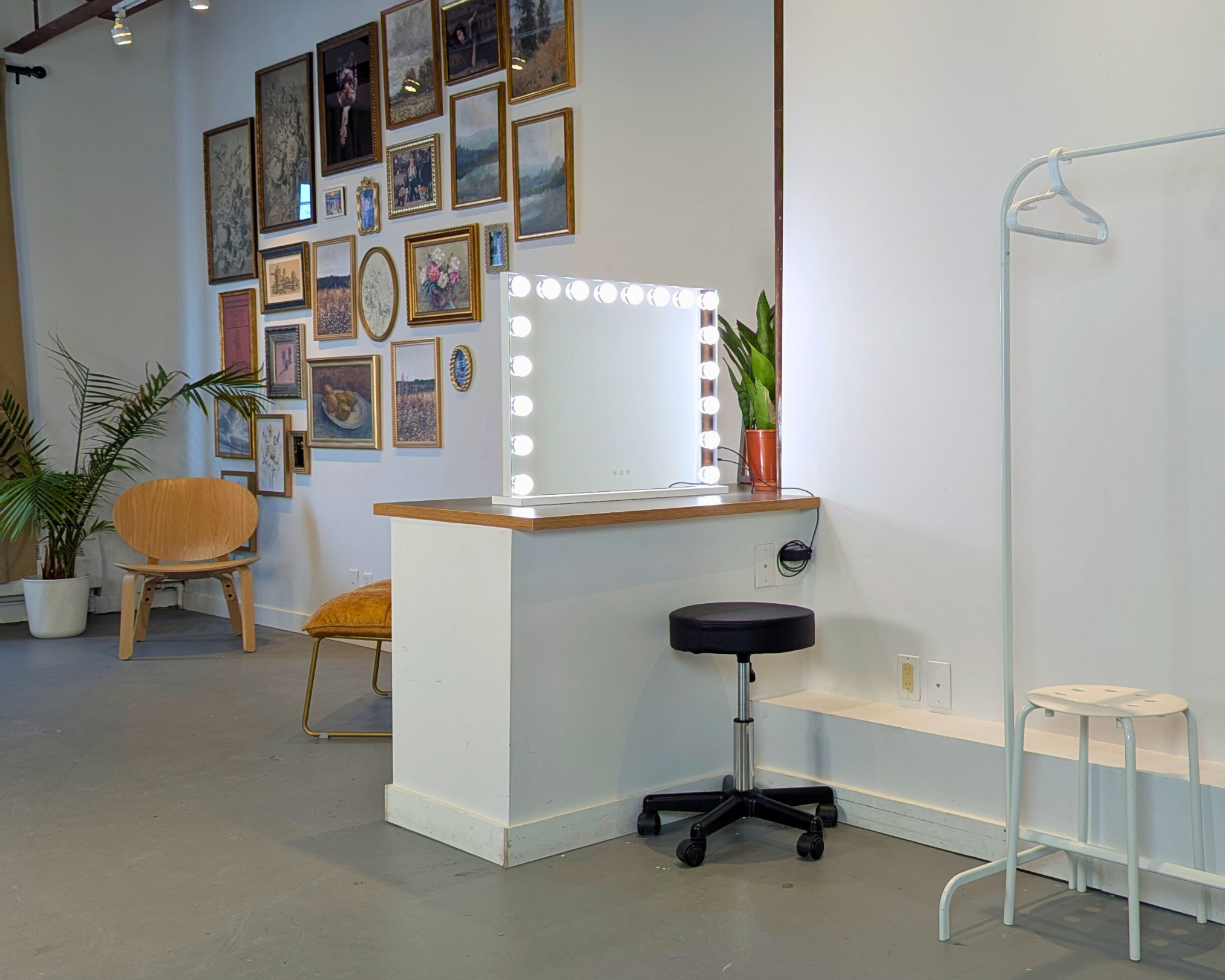LED makeup vanity mirror on the studio counter