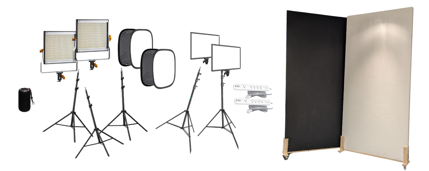Capture LED panels with softboxes, light stands, extension cords, Bluetooth speaker, and mobile bounce panels