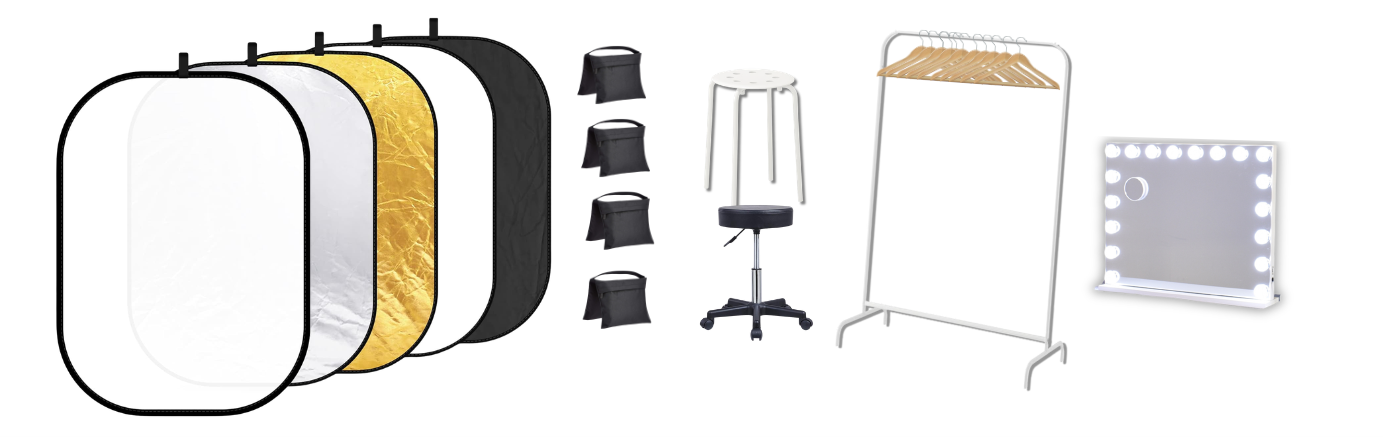 Five-in-one reflector, four sandbags, white stool, black wheeled stool, clothes rack, and vanity mirror