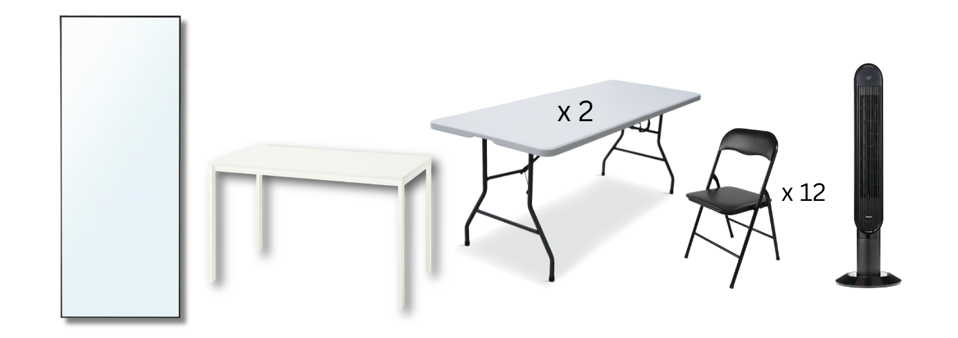 Full-length mirror, white kitchen table, two folding tables, 12 folding chairs, and tower fan