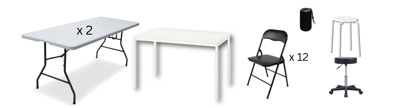 Folding tables, white table, 12 folding chairs, Bluetooth speaker, white stool and wheeled stool