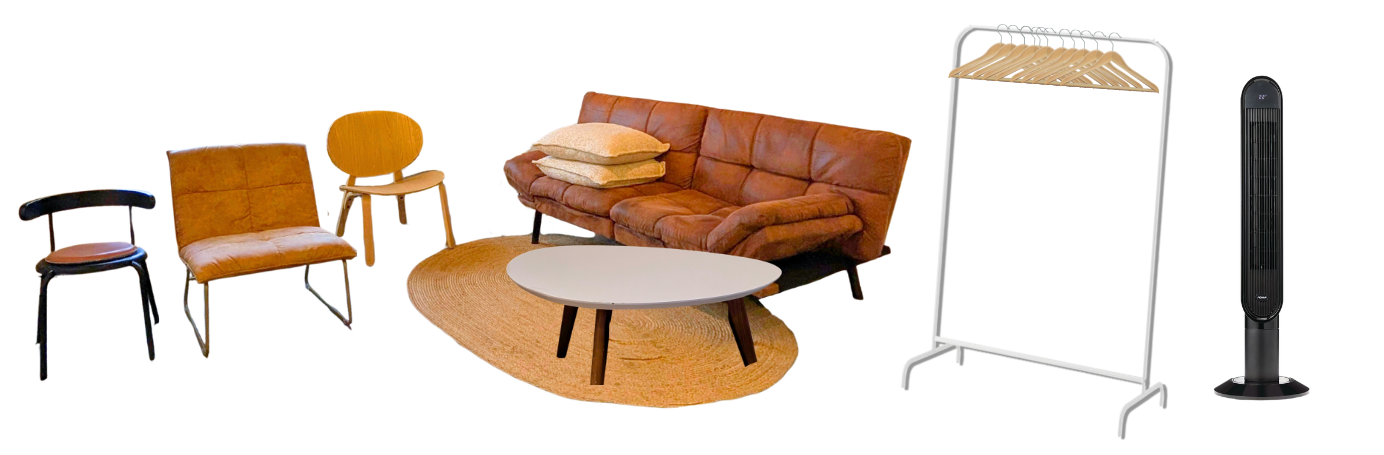 Party seating with sofa and accent chairs, coffee table, jute rug, clothes rack and tower fan