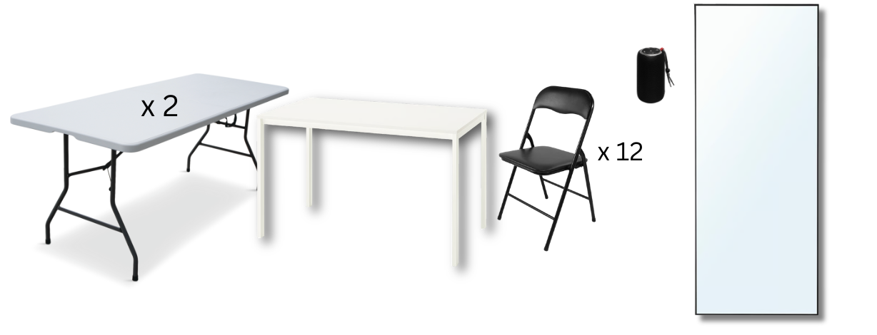 Two folding tables, white table, 12 folding chairs, Bluetooth speaker, and full-length mirror