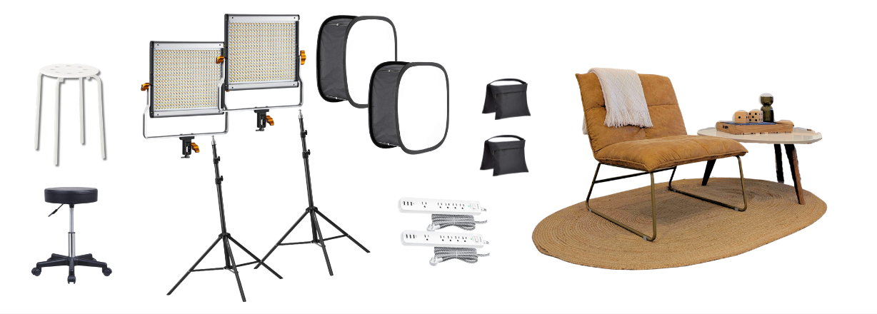 Workshop LED panels with softboxes, stands, two sandbags, extension cords, white stool, and black wheeled stool