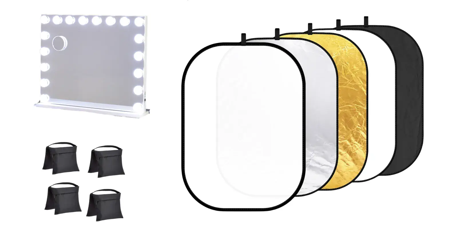 Vanity mirror, sand bags, and reflectors for capture sessions